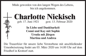 Traueranzeige von Charlotte Nickisch  von Magdeburger Volksstimme