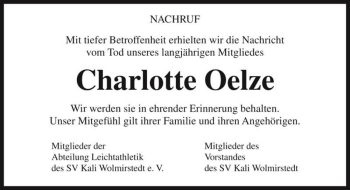 Traueranzeige von Charlotte Oelze  von Magdeburger Volksstimme
