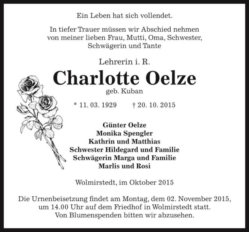  Traueranzeige für Charlotte Oelze (geb. Kuban)  vom 24.10.2015 aus Magdeburger Volksstimme