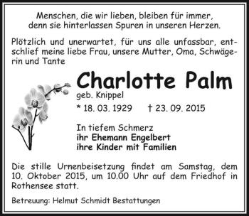 Traueranzeige von Charlotte Palm (geb. Knippel)  von Magdeburger Volksstimme