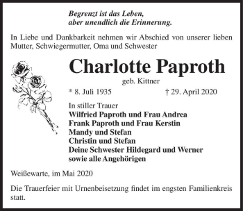 Traueranzeige von Charlotte Paproth (geb. Kittner)  von Magdeburger Volksstimme