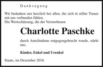 Traueranzeige von Charlotte Paschke  von Magdeburger Volksstimme