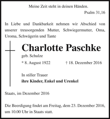 Traueranzeige von Charlotte Paschke (geb. Schulze)  von Magdeburger Volksstimme