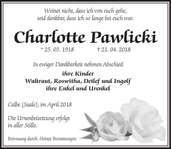 Traueranzeige von Charlotte Pawlicki  von Magdeburger Volksstimme