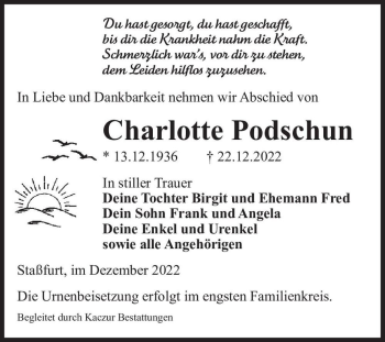 Traueranzeige von Charlotte Podschun  von Magdeburger Volksstimme