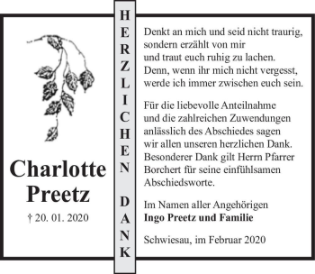 Traueranzeige von Charlotte Preetz  von Magdeburger Volksstimme