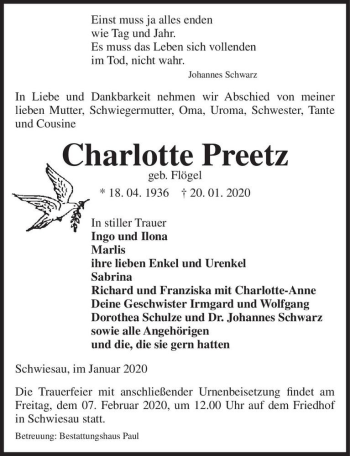 Traueranzeige von Charlotte Preetz (geb. Flögel)  von Magdeburger Volksstimme