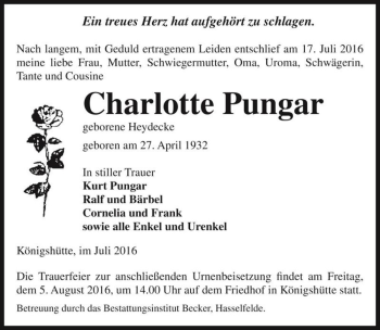 Traueranzeige von Charlotte Pungar (geb. Heydecke)  von Magdeburger Volksstimme