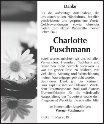 Traueranzeige von Charlotte Puschmann  von Magdeburger Volksstimme
