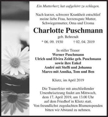 Traueranzeige von Charlotte Puschmann (geb. Puschmann)  von Magdeburger Volksstimme