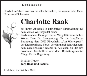 Traueranzeige von Charlotte Raak  von Magdeburger Volksstimme