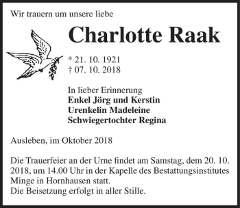 Traueranzeige von Charlotte Raak  von Magdeburger Volksstimme