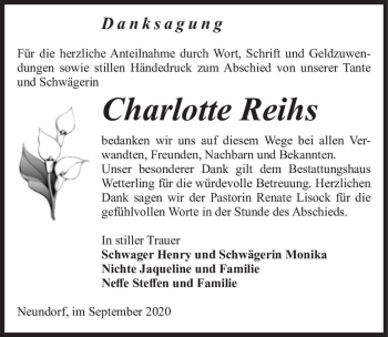 Traueranzeige von Charlotte Reihs  von Magdeburger Volksstimme
