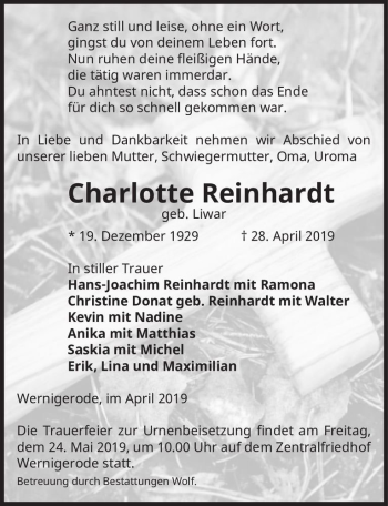 Traueranzeige von Charlotte Reinhardt (geb. Liwar)  von Magdeburger Volksstimme