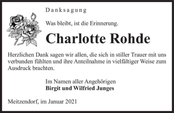 Traueranzeige von Charlotte Rohde  von Magdeburger Volksstimme