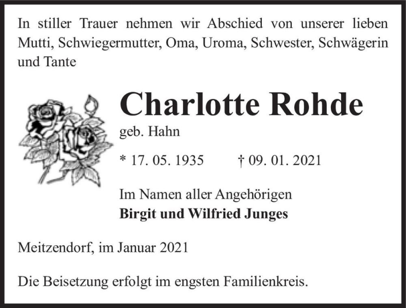  Traueranzeige für Charlotte Rohde (geb. Hahn)  vom 16.01.2021 aus Magdeburger Volksstimme