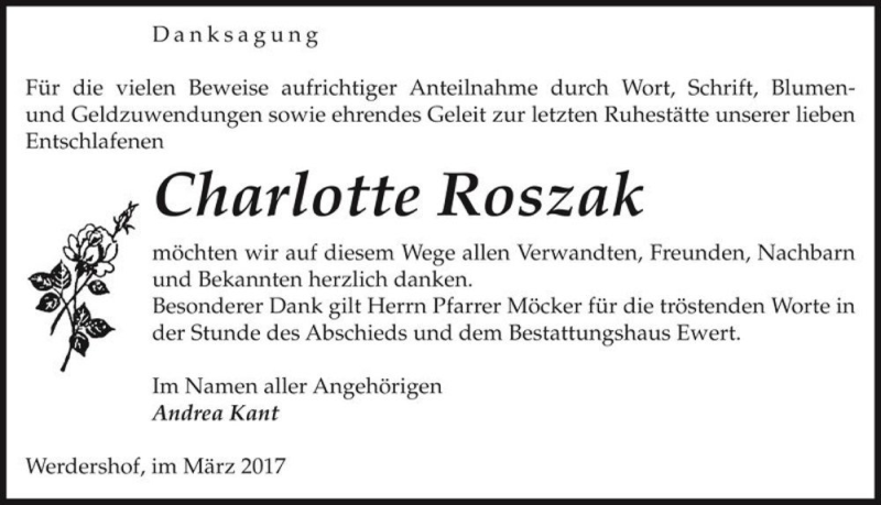  Traueranzeige für Charlotte Roszak  vom 01.04.2017 aus Magdeburger Volksstimme