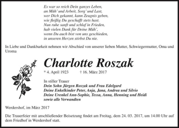 Traueranzeige von Charlotte Roszak  von Magdeburger Volksstimme