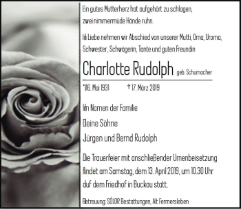Traueranzeige von Charlotte Rudolph (geb. Schumacher)  von Magdeburger Volksstimme