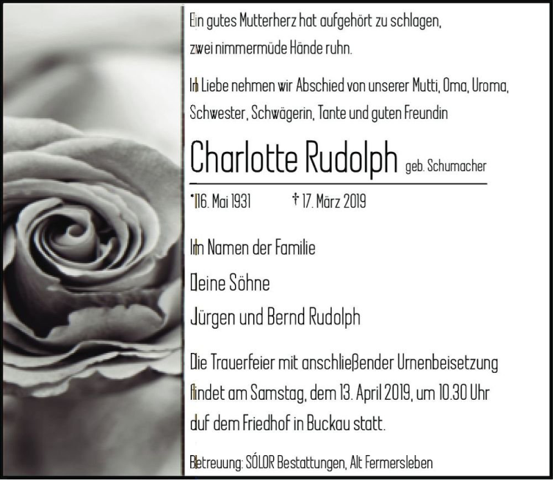  Traueranzeige für Charlotte Rudolph (geb. Schumacher)  vom 06.04.2019 aus Magdeburger Volksstimme