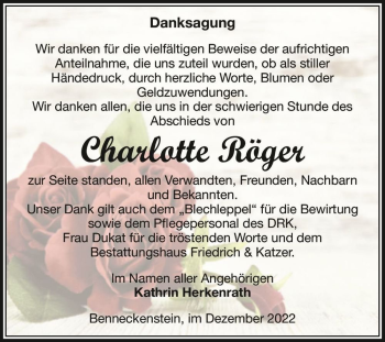 Traueranzeige von Charlotte Röger  von Magdeburger Volksstimme