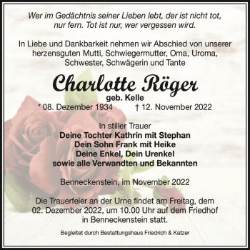 Traueranzeige von Charlotte Röger (geb. Kelle)  von Magdeburger Volksstimme