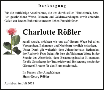 Traueranzeige von Charlotte Rößler  von Magdeburger Volksstimme
