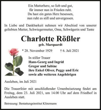 Traueranzeige von Charlotte Rößler (geb. Marquardt)  von Magdeburger Volksstimme