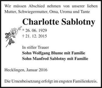 Traueranzeige von Charlotte Sablotny  von Magdeburger Volksstimme