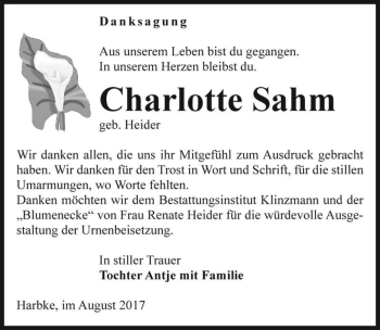 Traueranzeige von Charlotte Sahm (geb. Heider)  von Magdeburger Volksstimme