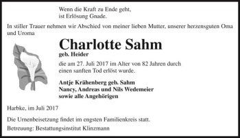 Traueranzeige von Charlotte Sahm (geb. Heider)  von Magdeburger Volksstimme