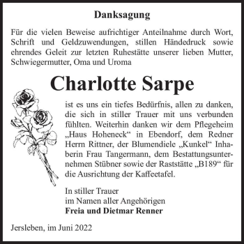 Traueranzeige von Charlotte Sarpe  von Magdeburger Volksstimme