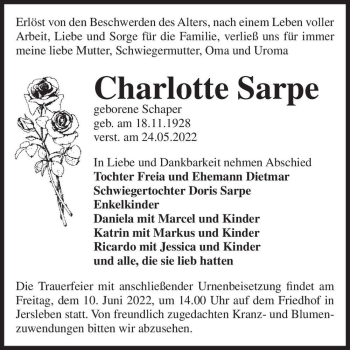 Traueranzeige von Charlotte Sarpe (geb. Schaper)  von Magdeburger Volksstimme