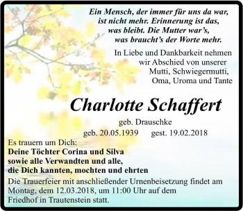 Traueranzeige von Charlotte Schaffert (geb. Drauschke)  von Magdeburger Volksstimme