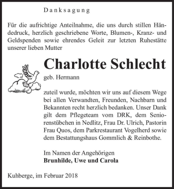 Traueranzeige von Charlotte Schlecht (geb. Hermann)  von Magdeburger Volksstimme