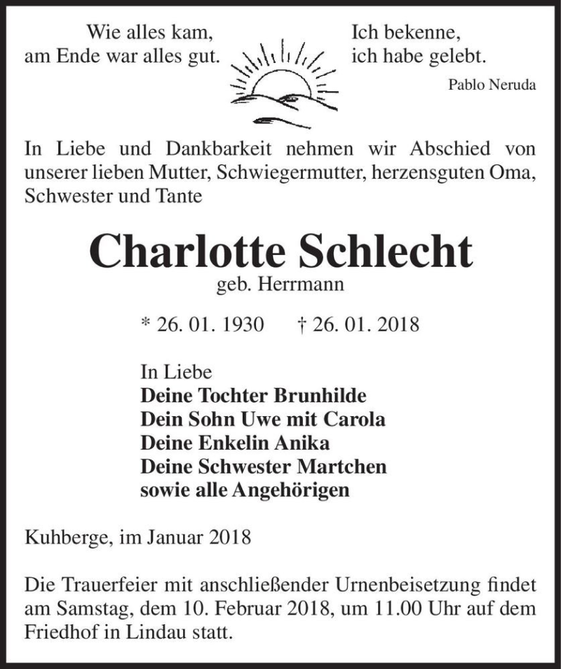  Traueranzeige für Charlotte Schlecht (geb. Herrmann)  vom 03.02.2018 aus Magdeburger Volksstimme
