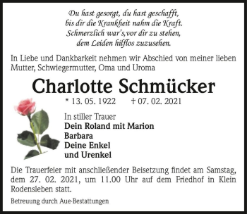 Traueranzeige von Charlotte Schmücker  von Magdeburger Volksstimme