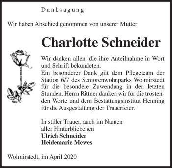 Traueranzeige von Charlotte Schneider  von Magdeburger Volksstimme