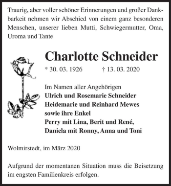 Traueranzeige von Charlotte Schneider  von Magdeburger Volksstimme
