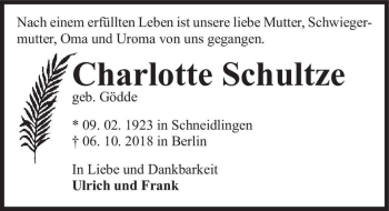 Traueranzeige von Charlotte Schultze (geb. Gödde)  von Magdeburger Volksstimme