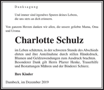 Traueranzeige von Charlotte Schulz  von Magdeburger Volksstimme