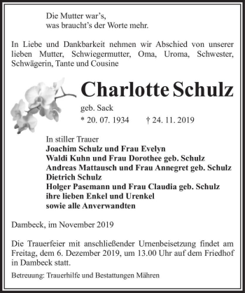 Traueranzeige von Charlotte Schulz (geb. Sack)  von Magdeburger Volksstimme