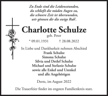 Traueranzeige von Charlotte Schulze (geb. Peter)  von Magdeburger Volksstimme