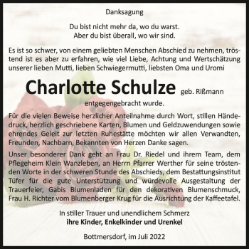 Traueranzeige von Charlotte Schulze (geb. Rißmann)  von Magdeburger Volksstimme