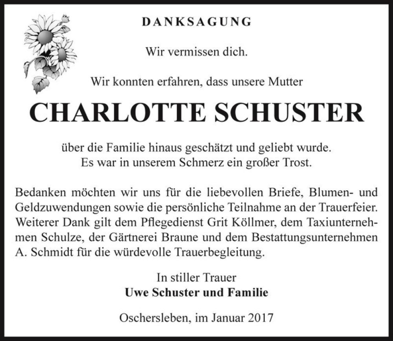  Traueranzeige für Charlotte Schuster  vom 21.01.2017 aus Magdeburger Volksstimme