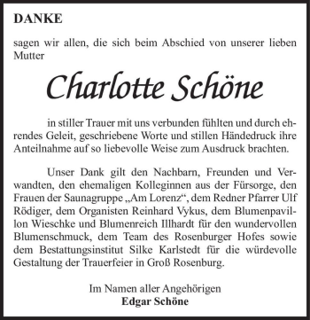 Traueranzeige von Charlotte Schöne  von Magdeburger Volksstimme