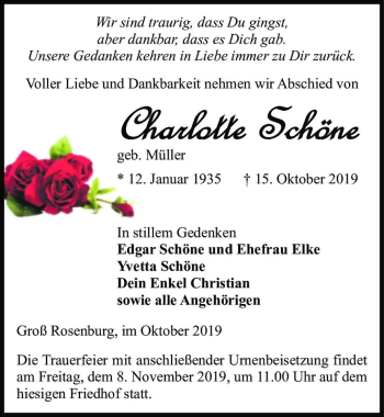 Traueranzeige von Charlotte Schöne (geb. Müller)  von Magdeburger Volksstimme