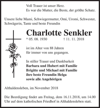 Traueranzeige von Charlotte Senkler  von Magdeburger Volksstimme