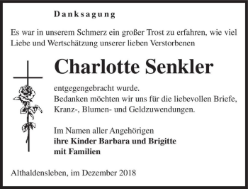 Traueranzeige von Charlotte Senkler  von Magdeburger Volksstimme