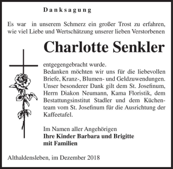 Traueranzeige von Charlotte Senkler  von Magdeburger Volksstimme